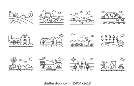 Agricultural icons black and white linear set. Harvesting combine and machinery pack. Fields with corn and wheat. Cultivating and farming illustrations isolated on white background.