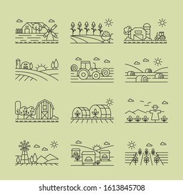 Agricultural icons black and white linear set. Harvesting combine, agrimotor, scarecrow on field. Corn, wheat and grain. Cultivating and farming illustrations isolated on green background.