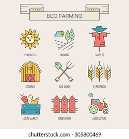 Agricultural icons with different farming and eco product harvesting design elements. 