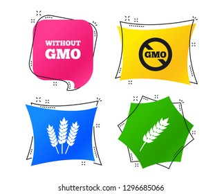 Agricultural icons. Gluten free or No gluten signs. Without Genetically modified food symbols. Geometric colorful tags. Banners with flat icons. Trendy design. Vector