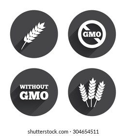 Agricultural icons. Gluten free or No gluten signs. Without Genetically modified food symbols. Circles buttons with long flat shadow. Vector