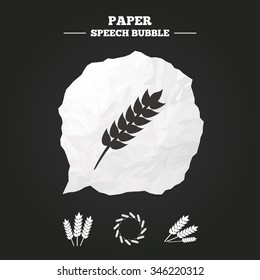 Agricultural icons. Gluten free or No gluten signs. Wreath of Wheat corn symbol. Paper speech bubble with icon.