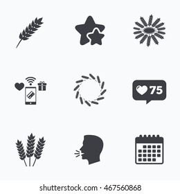 Agricultural icons. Gluten free or No gluten signs. Wreath of Wheat corn symbol. Flat talking head, calendar icons. Stars, like counter icons. Vector