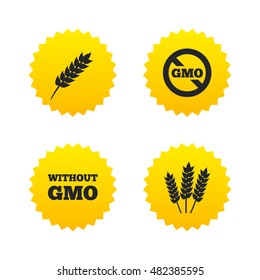 Agricultural icons. Gluten free or No gluten signs. Without Genetically modified food symbols. Yellow stars labels with flat icons. Vector