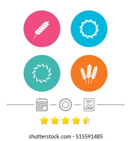 Agricultural icons. Gluten free or No gluten signs. Wreath of Wheat corn symbol. Calendar, cogwheel and report linear. Star vote ranking. Vector