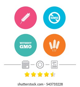 Agricultural icons. Gluten free or No gluten signs. Without Genetically modified food symbols. Calendar, cogwheel and report linear icons. Star vote ranking. Vector