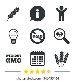 Agricultural icons. Gluten free or No gluten signs. Without Genetically modified food symbols. Information, light bulb and calendar icons. Investigate magnifier. Vector