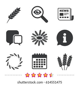 Agricultural icons. Gluten free or No gluten signs. Wreath of Wheat corn symbol. Newspaper, information and calendar icons. Investigate magnifier, chat symbol. Vector