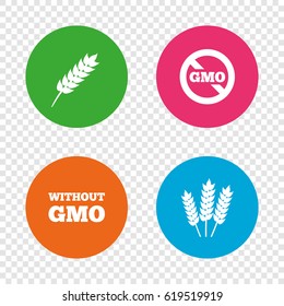 Agricultural icons. Gluten free or No gluten signs. Without Genetically modified food symbols. Round buttons on transparent background. Vector