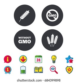 Agricultural icons. Gluten free or No gluten signs. Without Genetically modified food symbols. Calendar, Information and Download signs. Stars, Award and Book icons. Light bulb, Shield and Search