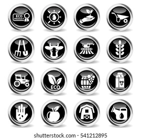 agricultural icons on stylish round chromed buttons