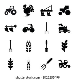 Agricultural icons. set of 16 editable filled agricultural icons such as wheat, tractor, pitchfork