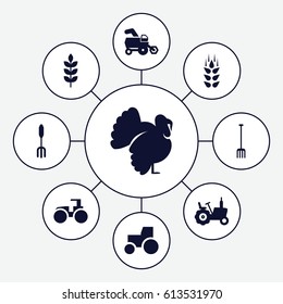 Agricultural icons set. set of 9 agricultural filled icons such as wheat, tractor, turkey