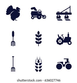Agricultural icons set. set of 9 agricultural filled icons such as wheat, tractor, turkey