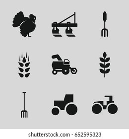 Agricultural icons set. set of 9 agricultural filled icons such as wheat, tractor, turkey