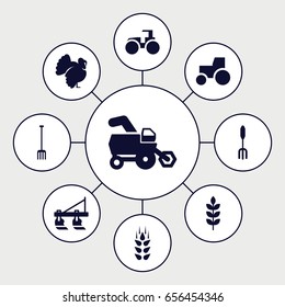 Agricultural icons set. set of 9 agricultural filled icons such as wheat, tractor, turkey
