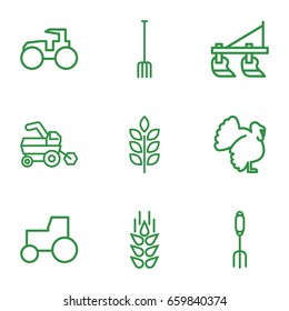 Agricultural icons set. set of 9 agricultural outline icons such as turkey, wheat, tractor