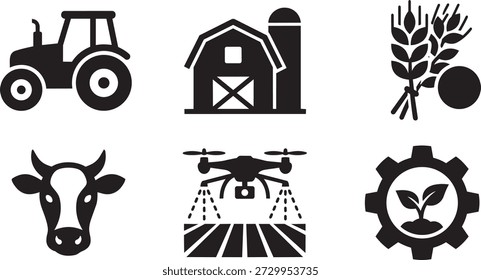 Conjunto de iconos agrícolas con tractor granero trigo vaca drone y engranaje con planta