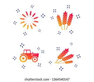 Agricultural icons. Wheat corn or Gluten free signs symbols. Tractor machinery. Random dynamic shapes. Gradient agriculture icon. Vector