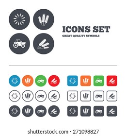 Agricultural icons. Wheat corn or Gluten free signs symbols. Tractor machinery. Web buttons set. Circles and squares templates. Vector