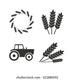 Agricultural icons. Wheat corn or Gluten free signs symbols. Tractor machinery. Flat icons on white. Vector