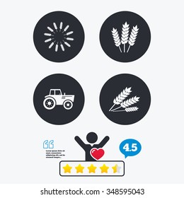 Agricultural icons. Wheat corn or Gluten free signs symbols. Tractor machinery. Star vote ranking. Client like and think bubble. Quotes with message.
