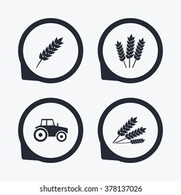 Agricultural icons. Wheat corn or Gluten free signs symbols. Tractor machinery. Flat icon pointers.