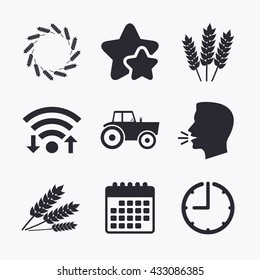 Agricultural icons. Wheat corn or Gluten free signs symbols. Tractor machinery. Wifi internet, favorite stars, calendar and clock. Talking head. Vector