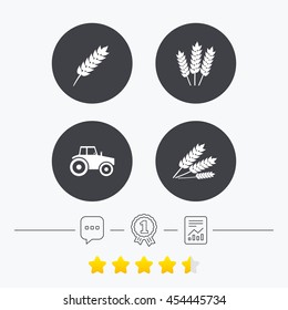 Agricultural icons. Wheat corn or Gluten free signs symbols. Tractor machinery. Chat, award medal and report linear icons. Star vote ranking. Vector