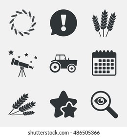 Agricultural icons. Wheat corn or Gluten free signs symbols. Tractor machinery. Attention, investigate and stars icons. Telescope and calendar signs. Vector