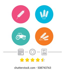 Agricultural icons. Wheat corn or Gluten free signs symbols. Tractor machinery. Calendar, cogwheel and report linear icons. Star vote ranking. Vector