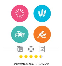 Agricultural icons. Wheat corn or Gluten free signs symbols. Tractor machinery. Calendar, cogwheel and report linear icons. Star vote ranking. Vector