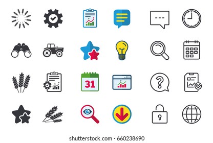 Agricultural icons. Wheat corn or Gluten free signs symbols. Tractor machinery. Chat, Report and Calendar signs. Stars, Statistics and Download icons. Question, Clock and Globe. Vector