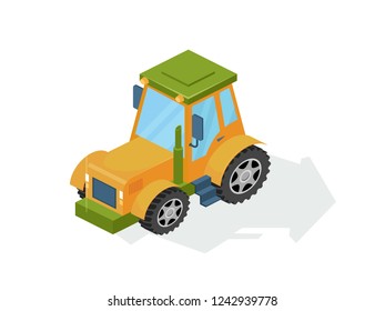 Agricultural industrial machine, farm tractor, combine. Commercial agricultural transport of farmer, for transportation, earthmoving, field work on harvest and grain. Isometric vector.