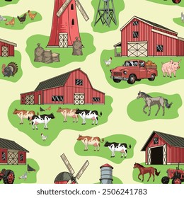 Agricultural industry colorful seamless pattern with cows and horses near hangars or mills and farm pickups vector illustration