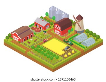 Agricultural industry isometric composition with farm buildings, machinery and farmlands. Countryside barn, greenhouse, cattle farm and windmill vector illustration. Livestock farming and gardening