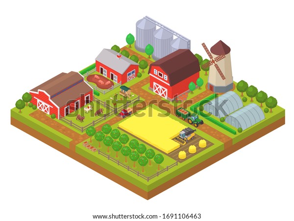 Agricultural industry isometric composition\
with farm buildings, machinery and farmlands. Countryside barn,\
greenhouse, cattle farm and windmill vector illustration. Livestock\
farming and\
gardening