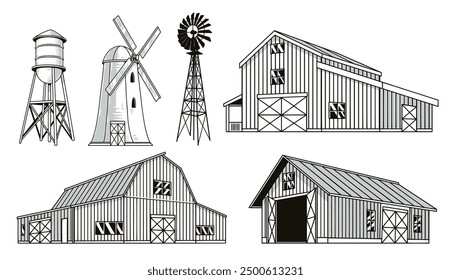 Agricultural industry set emblems monochrome with buildings and mills for farm engaged in grain production and flour processing vector illustration