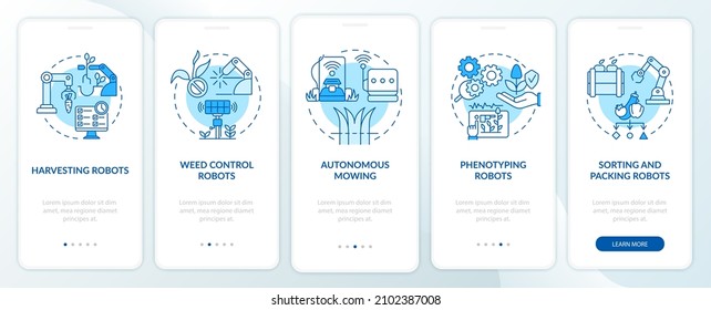 Agricultural innovations blue onboarding mobile app screen. Phenotyping walkthrough 5 steps graphic instructions pages with linear concepts. UI, UX, GUI template. Myriad Pro-Bold, Regular fonts used