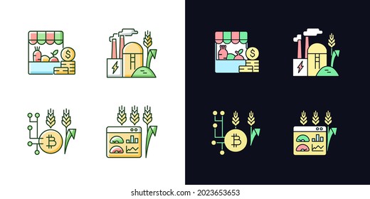 Innovaciones agrícolas luz y tema oscuro conjunto de iconos de color RGB. Opción de pago alternativo. Ilustraciones vectoriales aisladas en espacios blancos y negros. Paquete de planos de línea simple