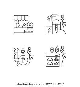 Agricultural innovations linear icons set. Goods production and sale. Alternative payment option. Customizable thin line contour symbols. Isolated vector outline illustrations. Editable stroke