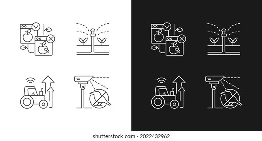 Agricultural innovations linear icons set for dark and light mode. Goods production and sale. Customizable thin line symbols. Isolated vector outline illustrations. Editable stroke
