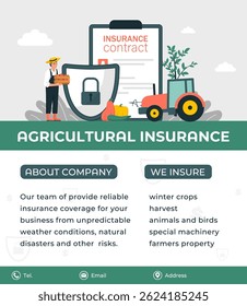 Agricultural insurance advertising banner. Contract policy with farmer, harvest, tractor and shield icon. Security for crop, machinery and property. Protection agreement document. Vector illustration.