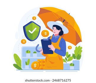 Agricultural Insurance Concept Illustration. A Woman Farmer Holding an Umbrella and Insurance Policy Paper Document