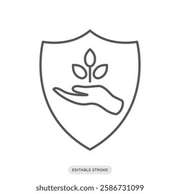 Agricultural Insurance icon. Shield with a hand lifting a seedling tree symbol. Types of Insurance icon symbol vector in line style.