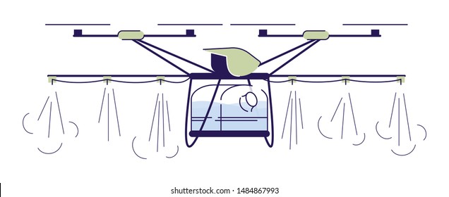 Agricultural irrigation drone flat vector illustration. Cartoon crop sprayer quadcopter with outline. Automated watering copter. Farming UAV isolated design element on white background