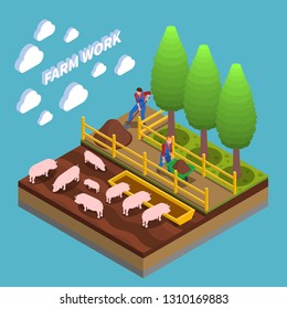 Agricultural isometric composition with farmers engaged in swine breeding and gardening vector illustration