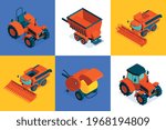 Agricultural isometric design concept set of six square colored icons with machinery for field farm work vector illustration