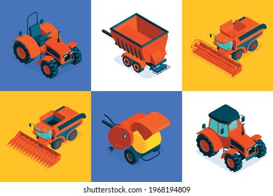 Agricultural isometric design concept set of six square colored icons with machinery for field farm work vector illustration