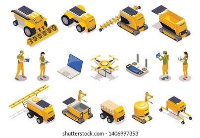  Agricultural isometric icons set of remotely controlled robots used for plowing cultivation harvesting isolated vector illustration  